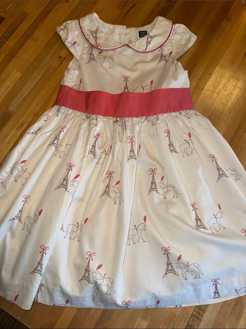 Janie and Jack White Dress with Pink Waistband and Eiffel Horse Print 4